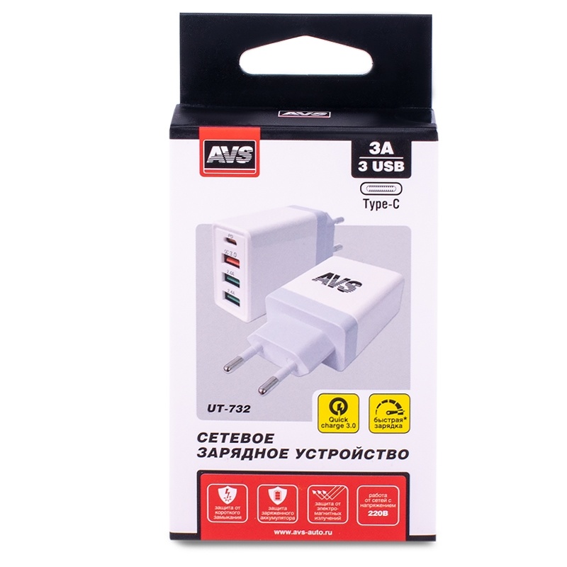 USB сетевое зарядное устройство AVS 4 порта UT-732  (QC 3.0, PD Type C, 3A ) (7) Арт. A85225S