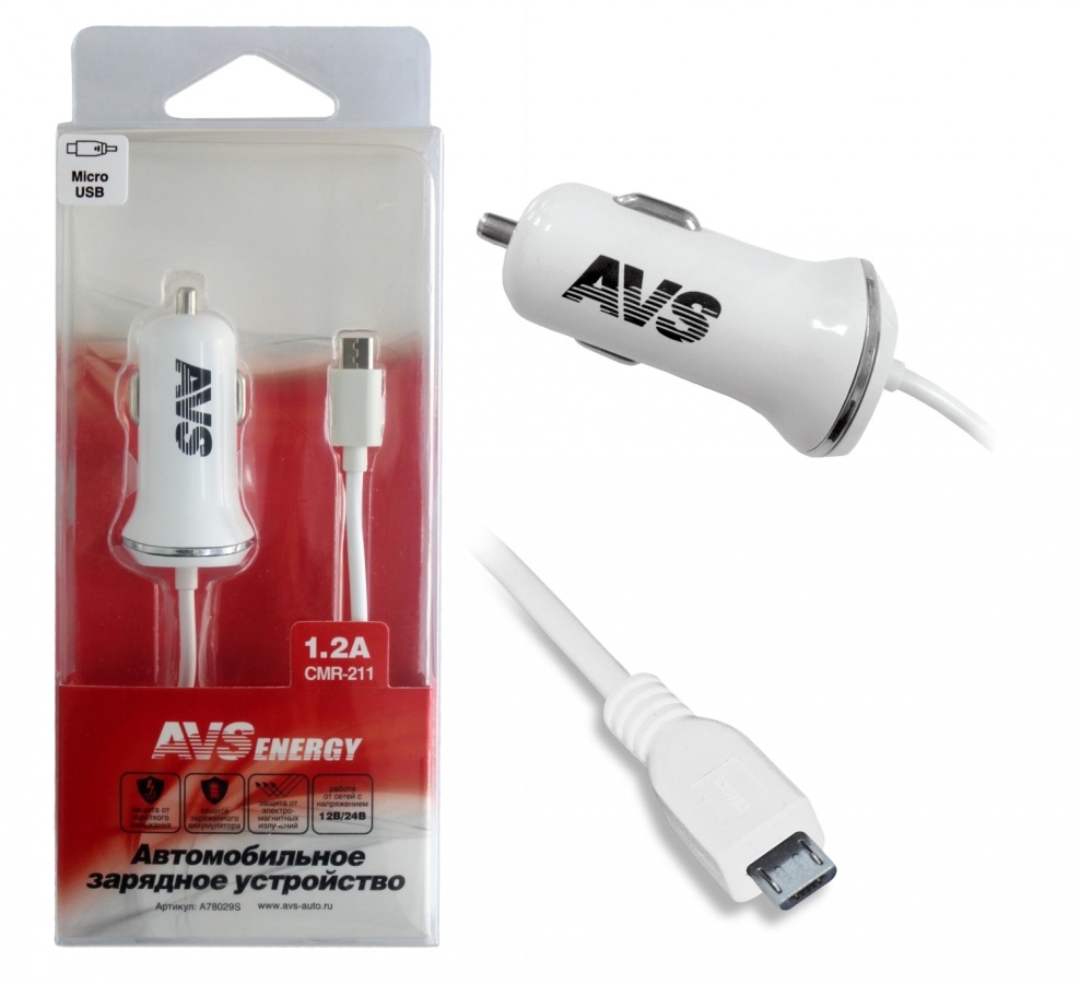 Автомобильное зарядное устройство AVS с micro USB  CMR-211 (1,2А) (2) Арт. A78029S