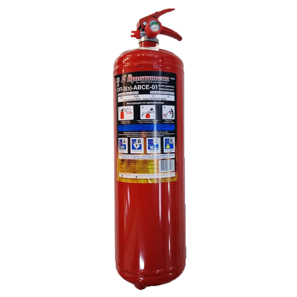 Огнетушитель порошковый закачной ЯРПОЖИНВЕСТ,масса заряда ОТВ- 3,0±0,15 кг Арт. ОП-3(з)-ABCE-01