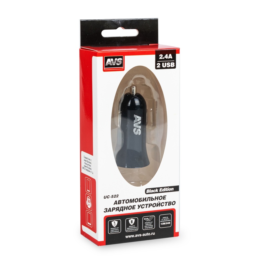 USB автомобильное зарядное устройство AVS 2 порта UC-522 (2,4А, черный) (Black Edition) (3) Арт. A07982S