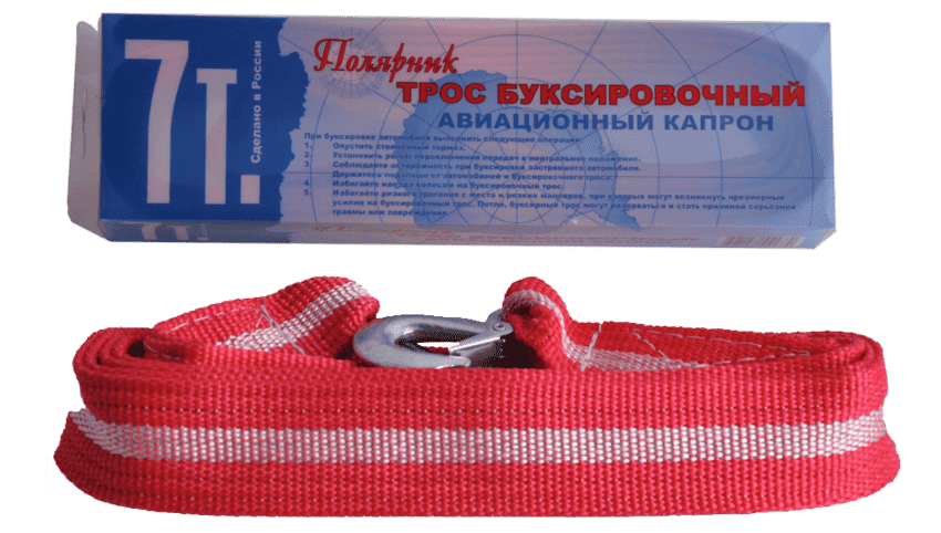 Трос буксировочный ленточный  ПОЛЯРНИК  7 т, (с крючками) Арт. 04855