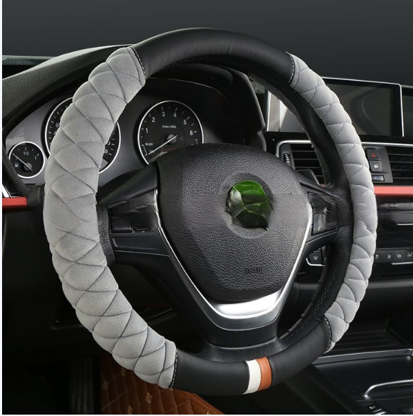 Оплетка на руль М 38 черная с серым стеганная с замшей