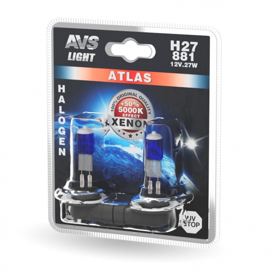Автолампа галогенная AVS ATLAS  5000К  H27 881 12V.27W (блистер, 2 шт.) (1) Арт. A78567S