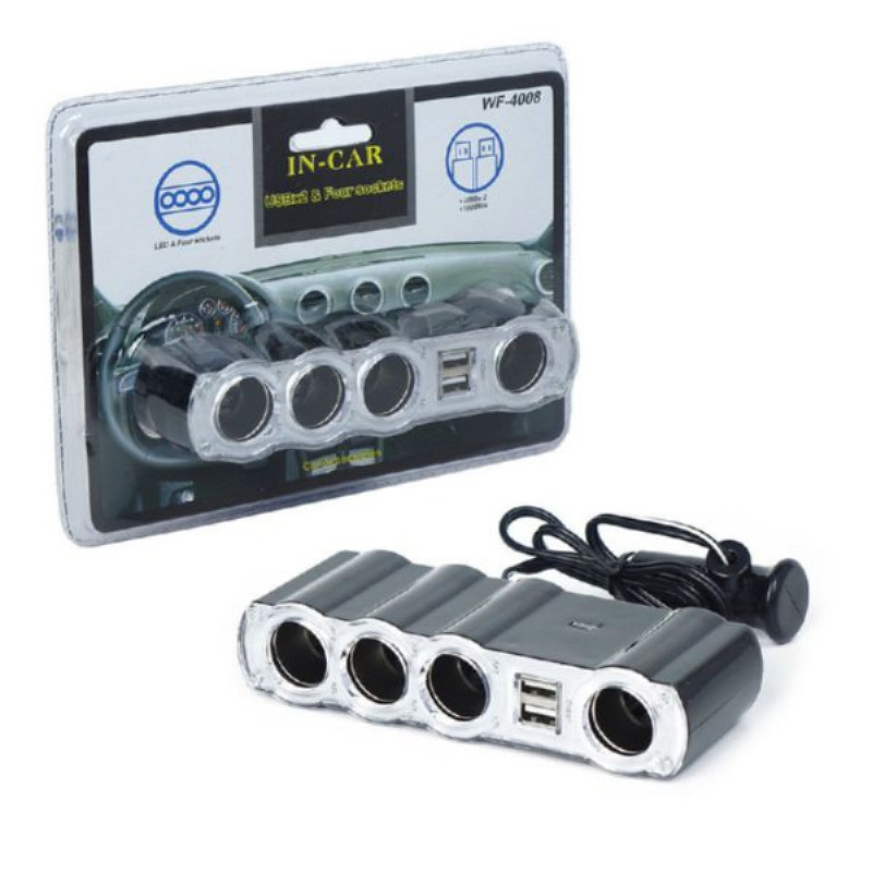 Разветвитель прикуривателя 12 24 (на 4 выхода+USB) WF-4008 четвертник (2) Арт. 39175