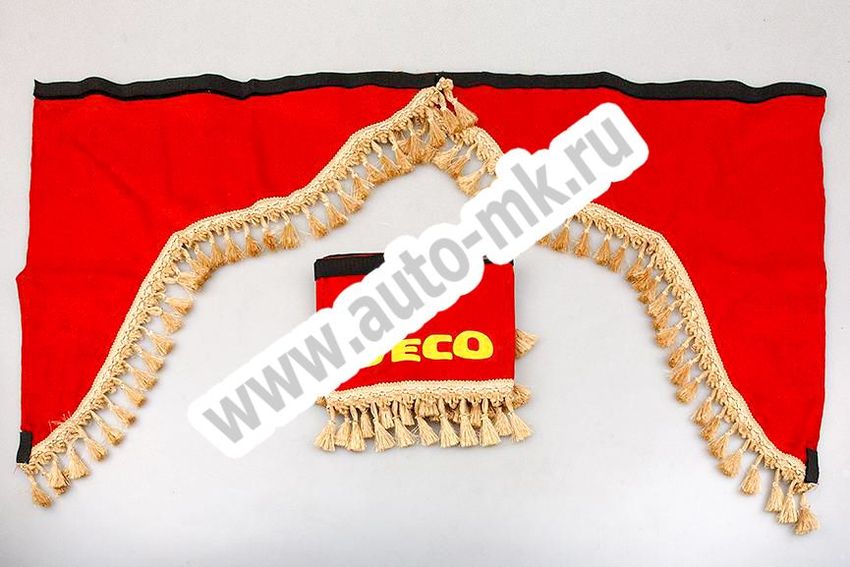 Ламбрекен лобового стекла с углом IVECO (польская ткань) красный (1) Арт. 10789