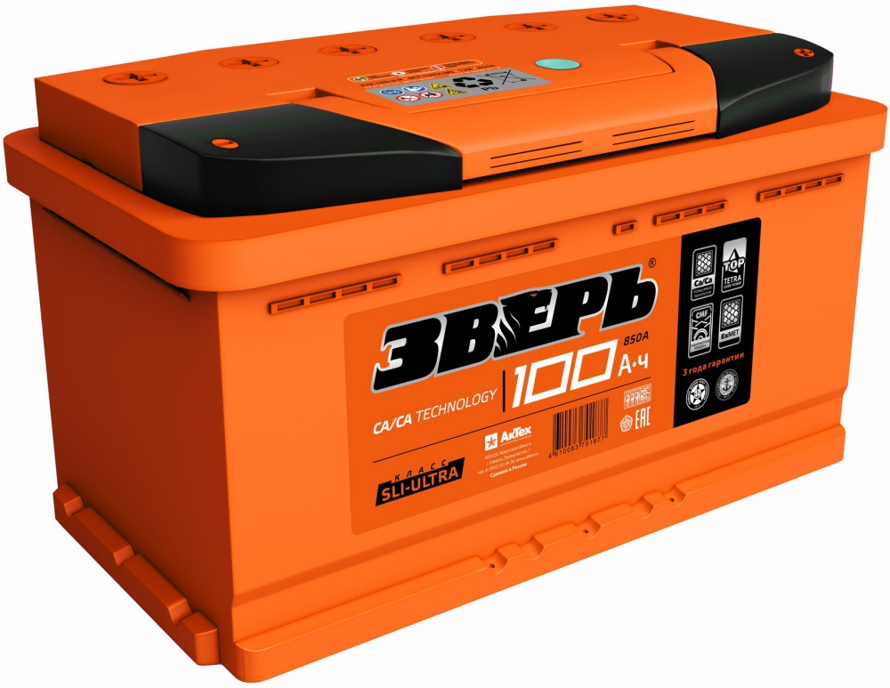 Аккумулятор ЗВЕРЬ 100 А ч обратная R+ 352x175x190 EN850 А Арт. ZVK100-3-R