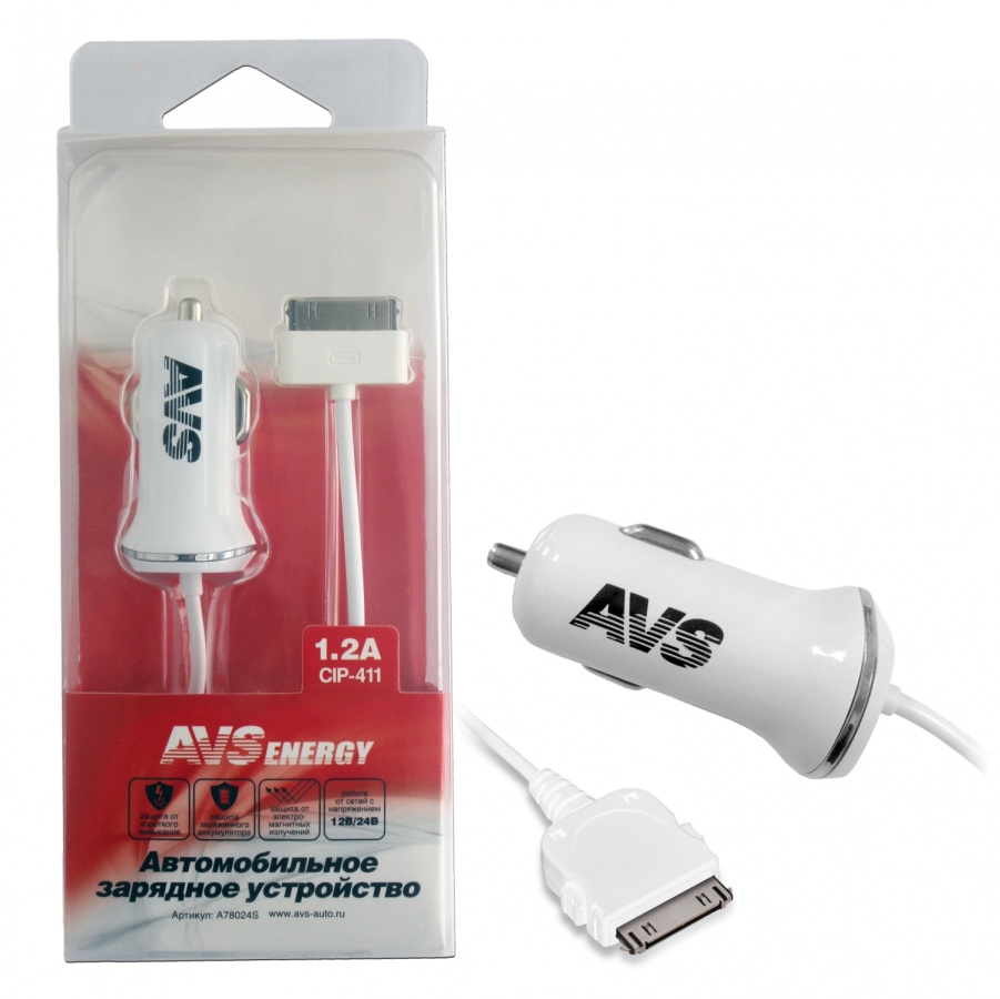 Автомобильное зарядное устройство AVS для iphone 4 CIP-411 (1,2А) (2) Арт. A78024S
