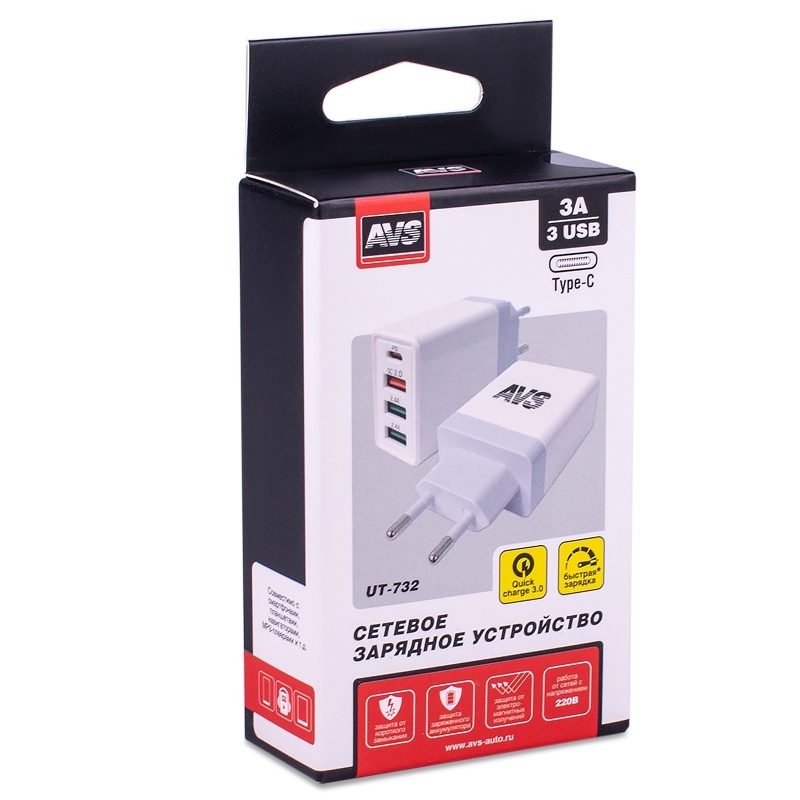 USB сетевое зарядное устройство AVS 4 порта UT-732  (QC 3.0, PD Type C, 3A ) (8) Арт. A85225S