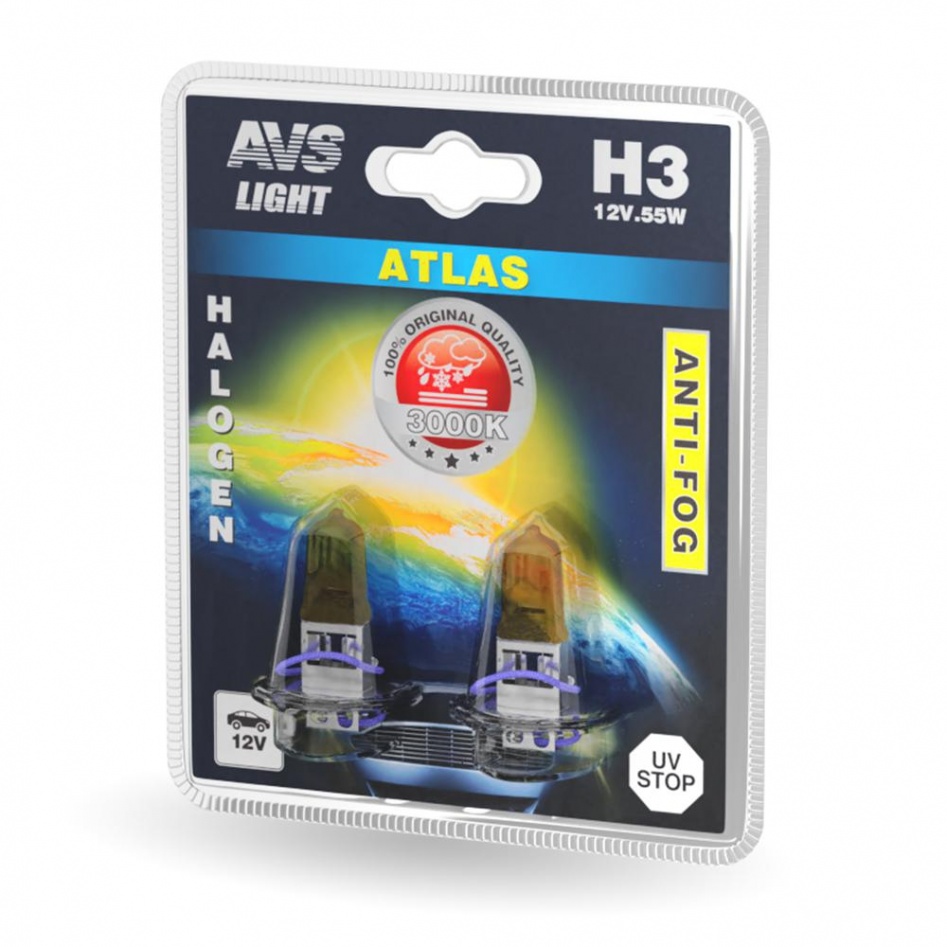 Автолампа H3 12V 55W AVS ATLAS ANTI-FOG желтый  к-т 2 шт (1) Арт. A78622S