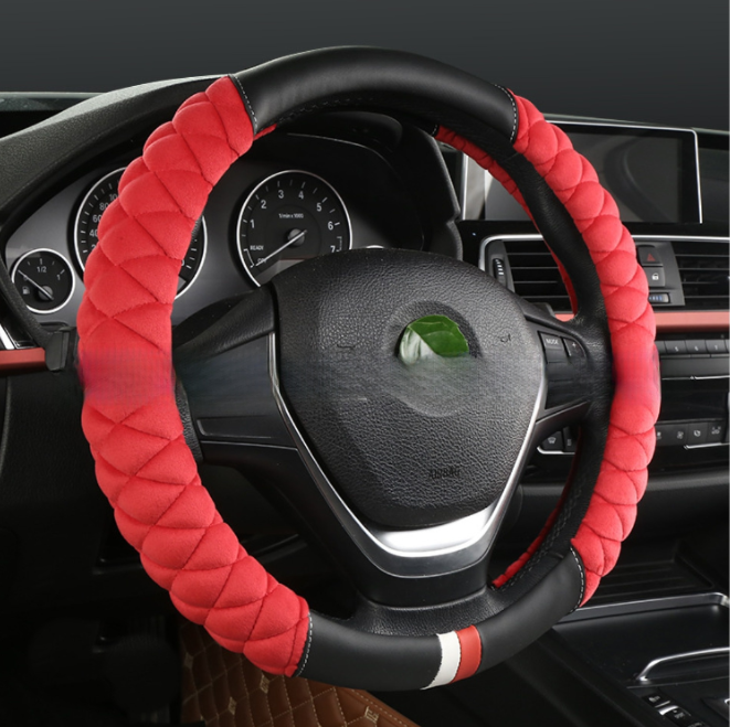Оплетка на руль М 38 черная с красным стеганная с замшей