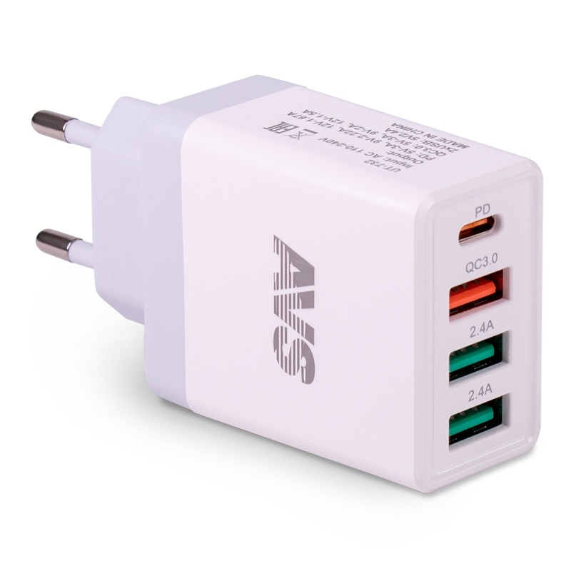 USB сетевое зарядное устройство AVS 4 порта UT-732  (QC 3.0, PD Type C, 3A ) (4) Арт. A85225S