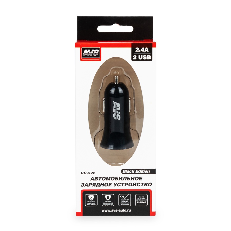 USB автомобильное зарядное устройство AVS 2 порта UC-522 (2,4А, черный) (Black Edition) (2) Арт. A07982S