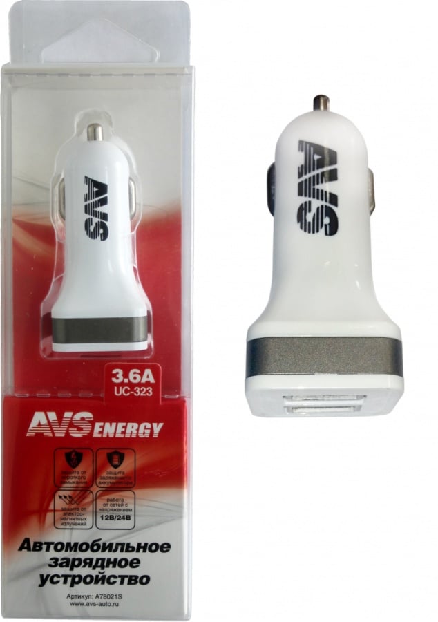 USB автомобильное зарядное устройство AVS 2 порта UC-323 (3,6А) (3) Арт. A78021S