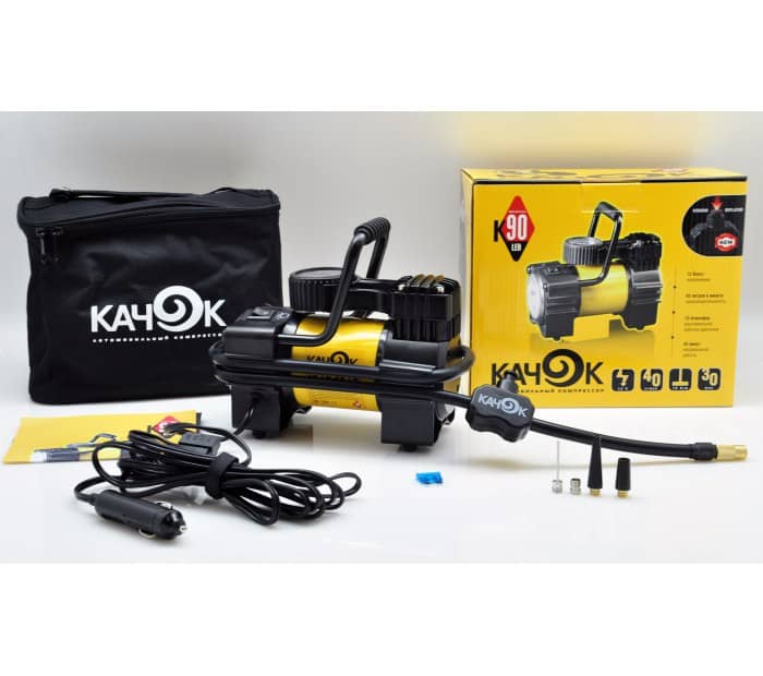 Компрессор автомобильный КАЧОК К 90 LED с светодиодным фонарем 4LED 10Атм 40л мин 12А 3м 12В сумка (2) Арт. K90LED