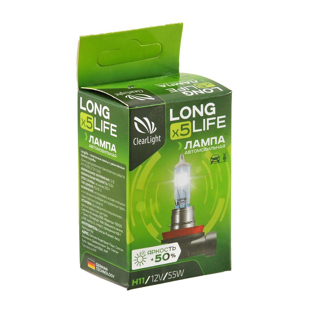 Автолампа 12V H11 55W PGJ19-2 ClearLight LongLife 1 шт Арт. MLH11LL